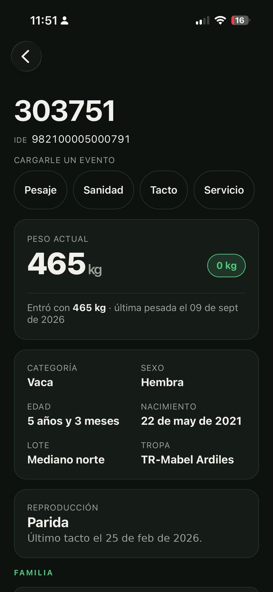 La app: ficha de un animal con su peso, categoría, edad, lote, tropa y reproducción